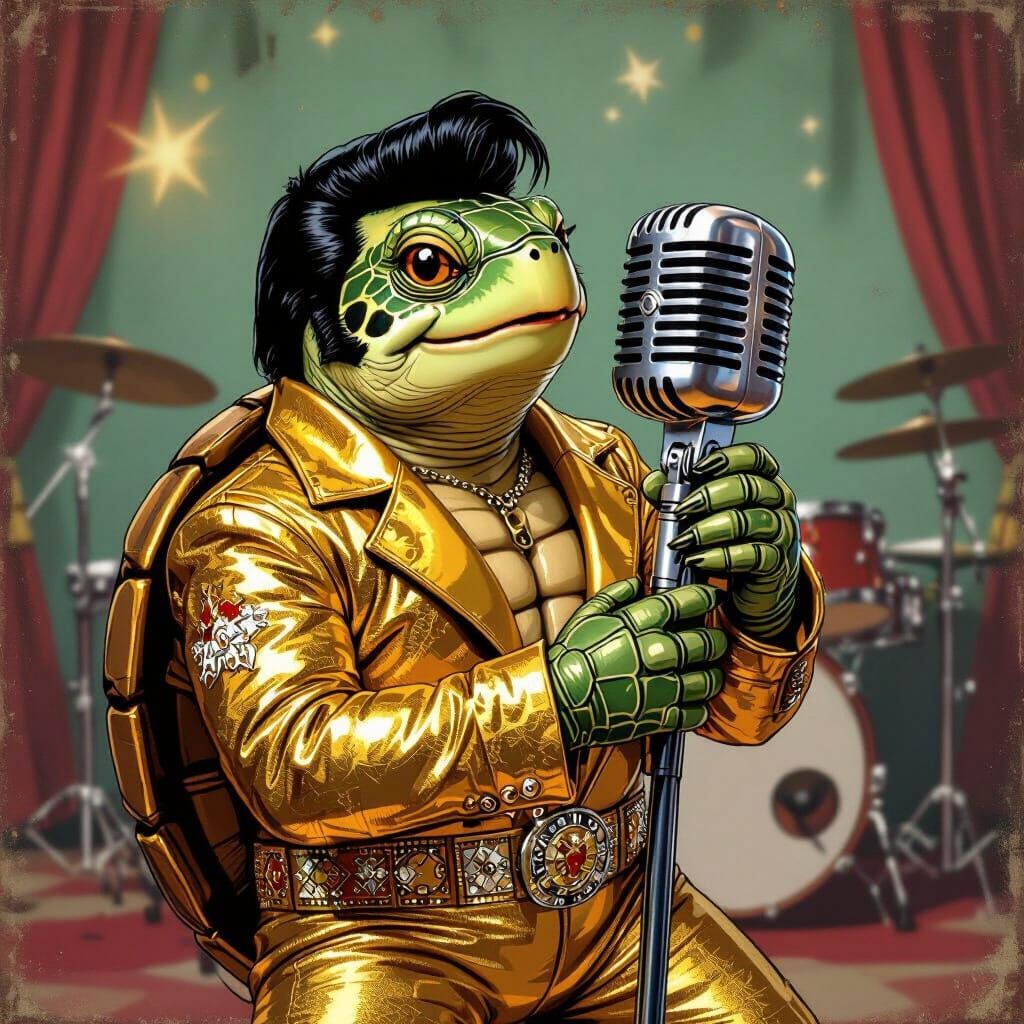 Elvis Turtle Sings in Rockabilly Surrealist Style