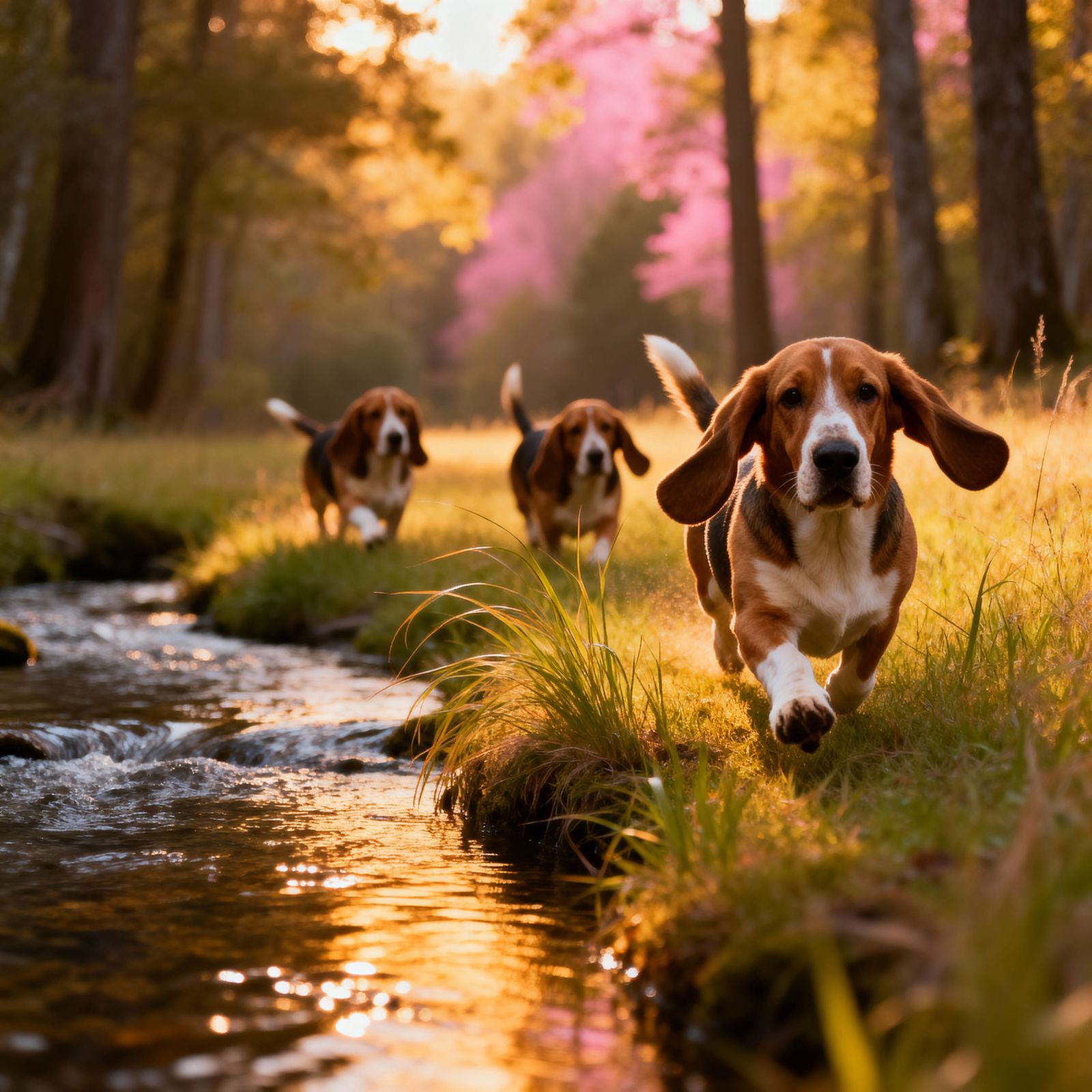 Basset Hounds Running Through a Forest Pasture at Golden Hou...