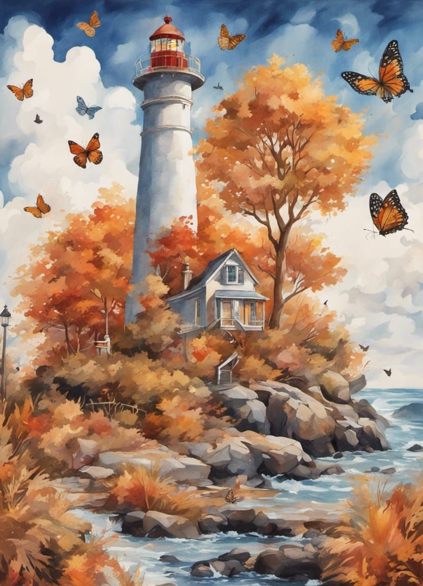 Enchanted Autumn Lighthouse Gouache Painting