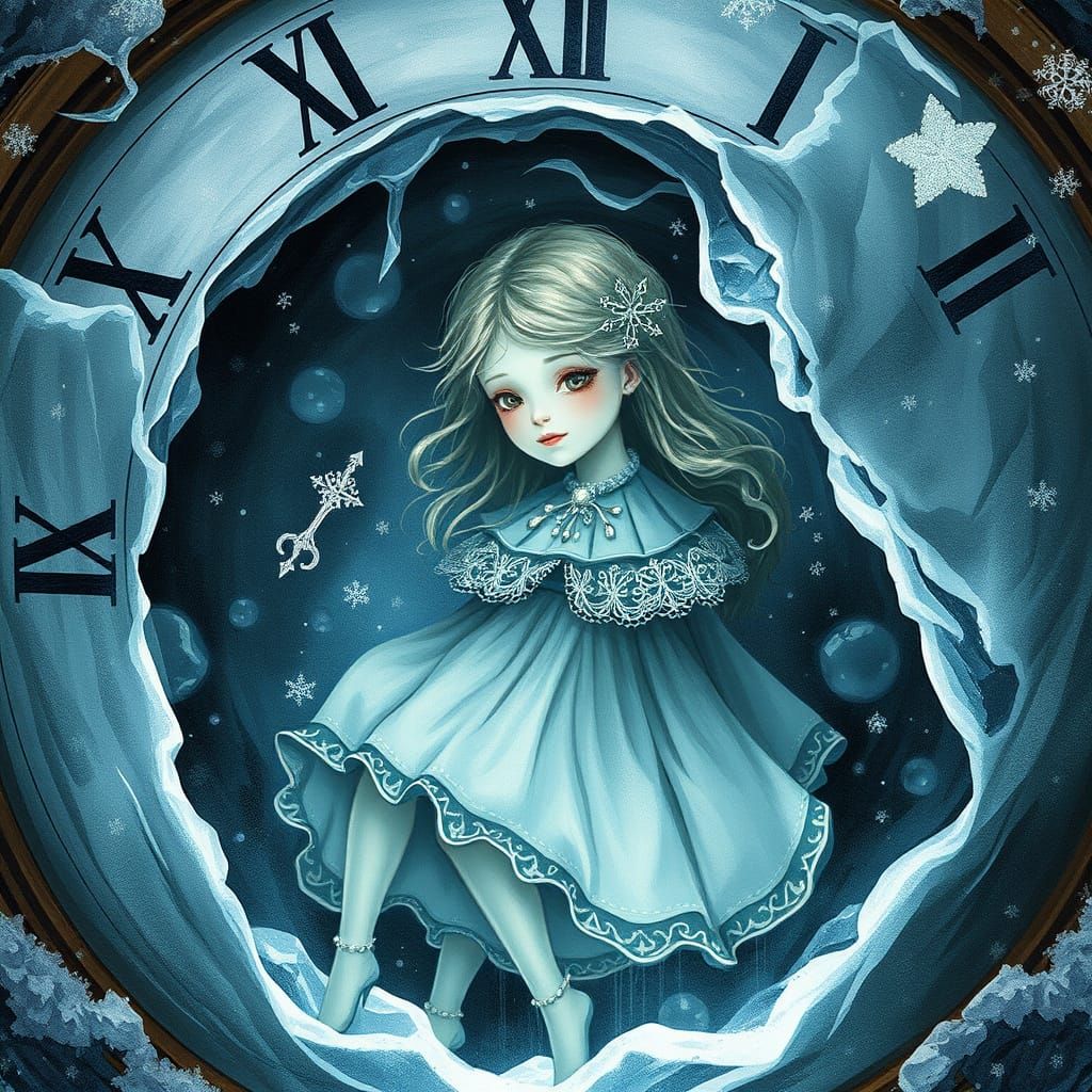 Frozen Timeless Girl in Enchanted Clockwork Scene