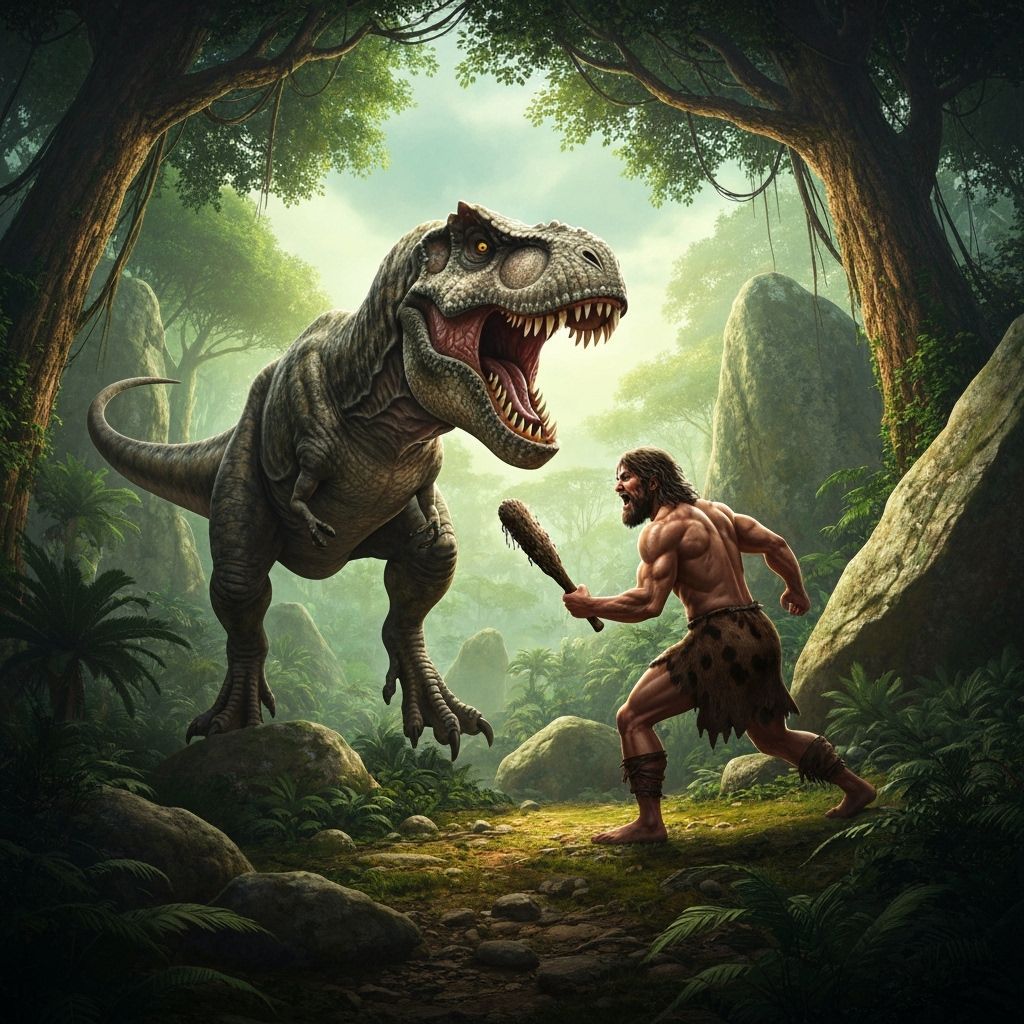Dinosaur vs Caveman Battle in Jungle, Fantasy Art