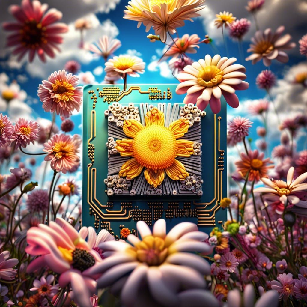Hyperrealistic Computer Chip Made of Flowers in Graffiti Art