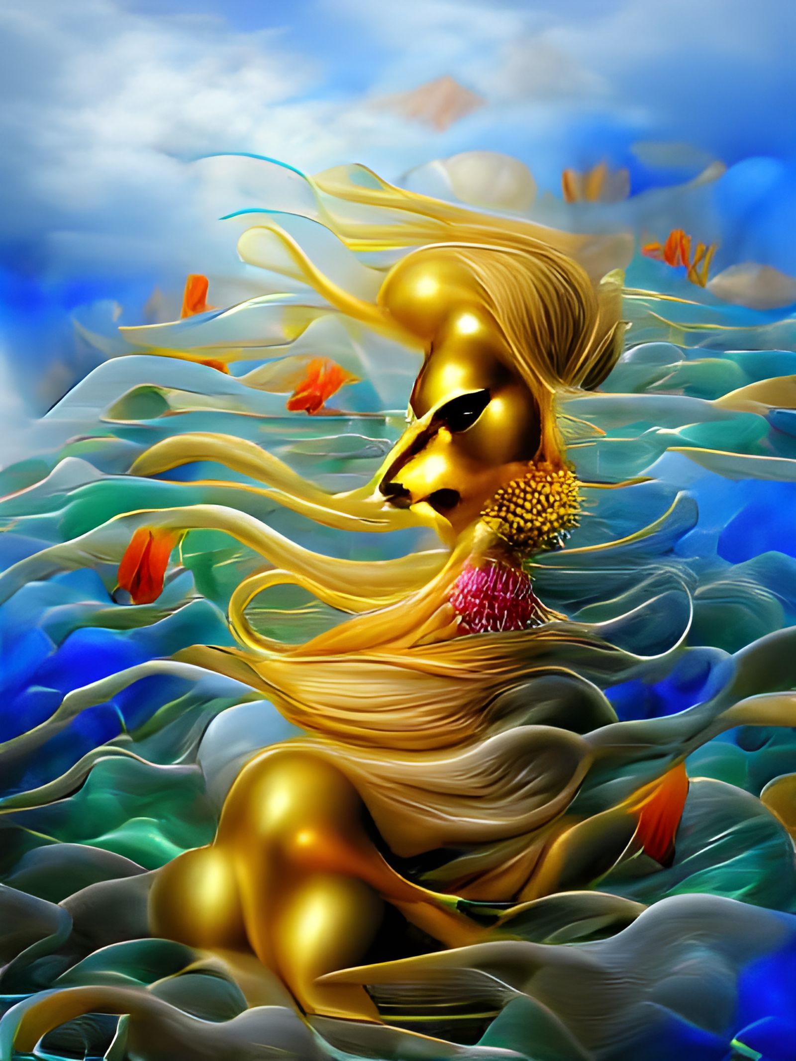 Golden Sea Goddess in Surreal Style