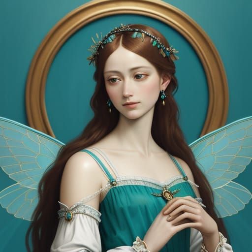 Elegant Fairy in Turquoise Splendor, Renaissance Oil Paintin...