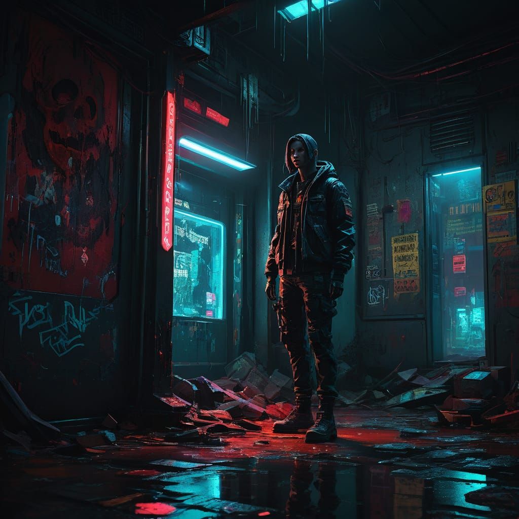 Cyberpunk Horror House Entrance at Night