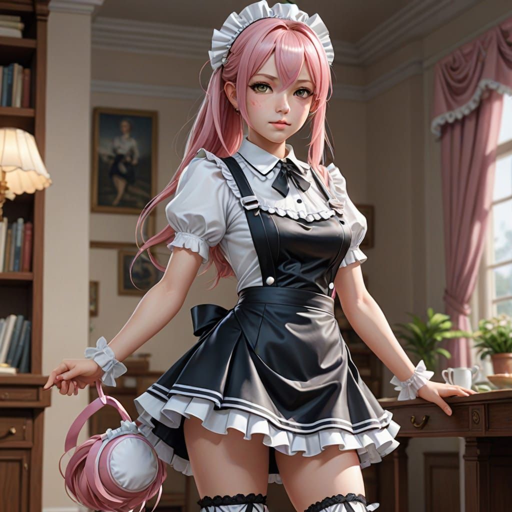 Anime French Maid in Satin Miniskirt and Hosiery