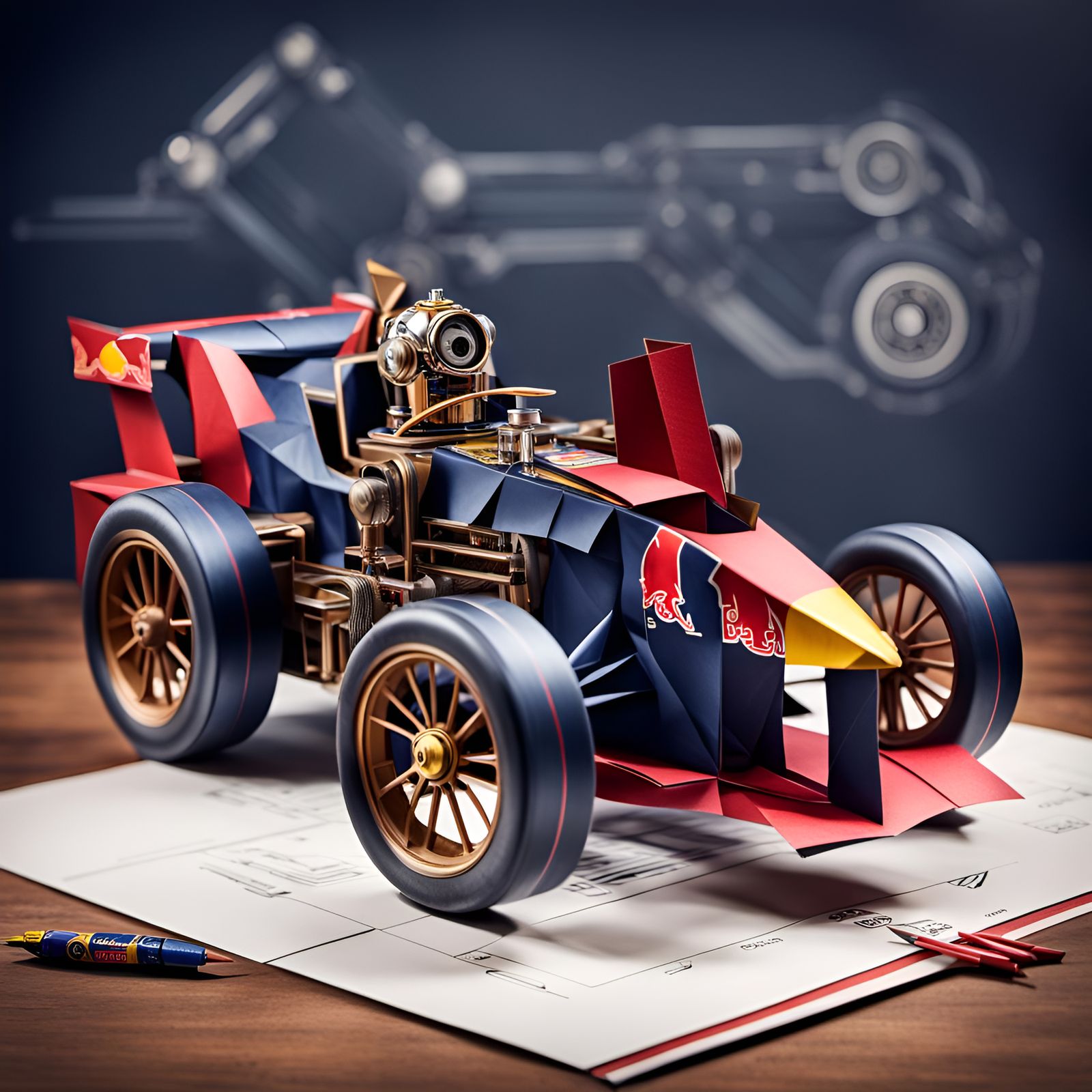 Origami Max Verstapen in a Red Bull Formula 1 car, steampunk