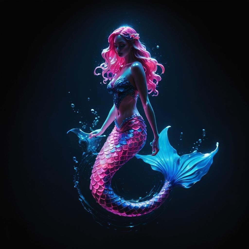 Neon Mermaid in Pink and Blue Splash Art