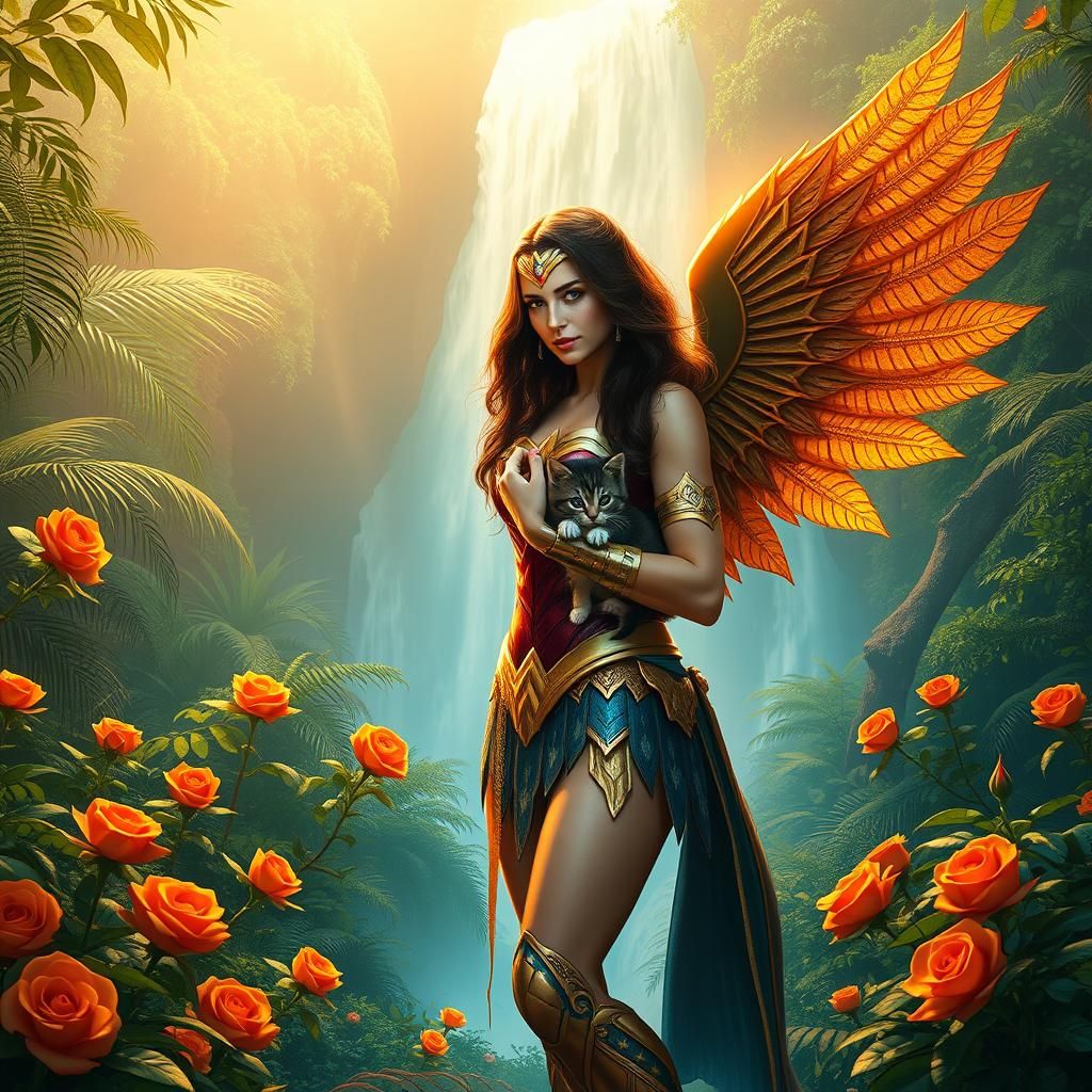 Wonder Woman with Golden Wings and Kitten in Rainforest