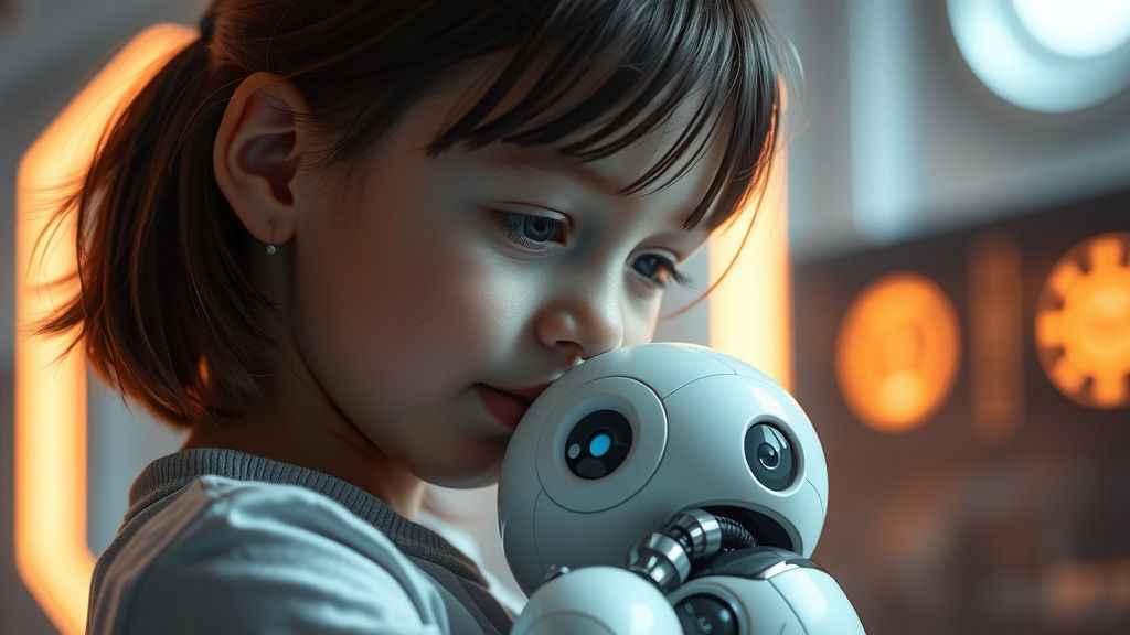 Girl and Robot Pet in Futuristic Close-Up