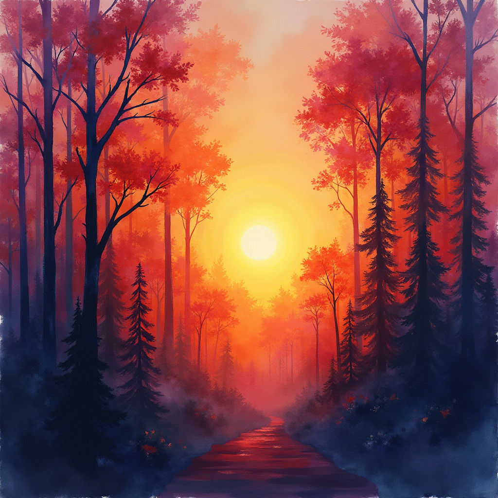Vibrant Sunrise Over Forest in Watercolor Style