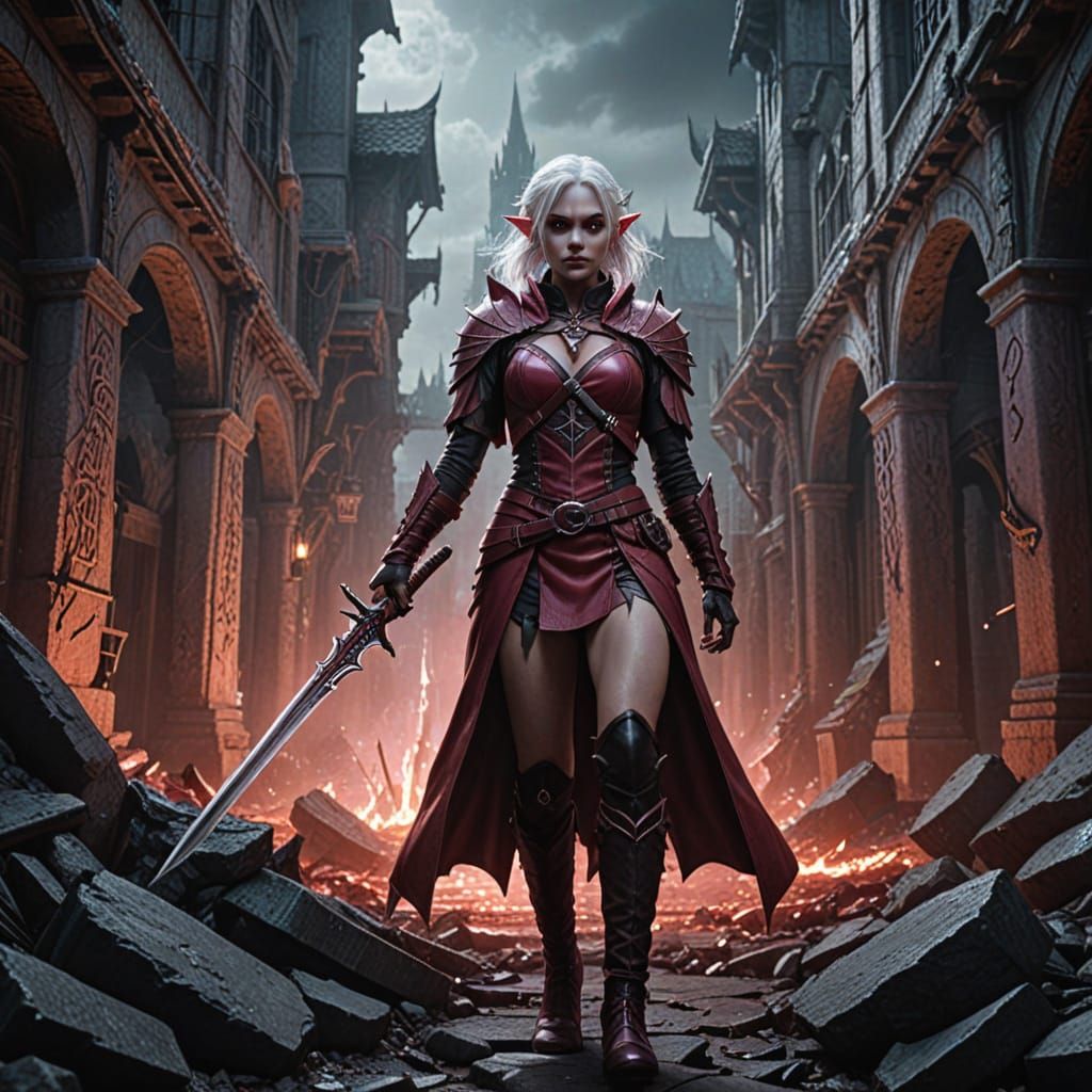 Drow Elf in Forgotten City: Dark Fantasy Art