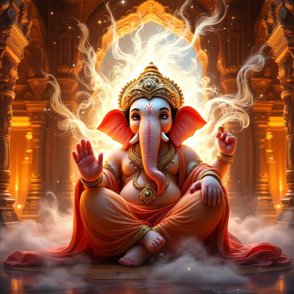 Ganesha in Whimsical Indian Temple, Fantasy Style Character...