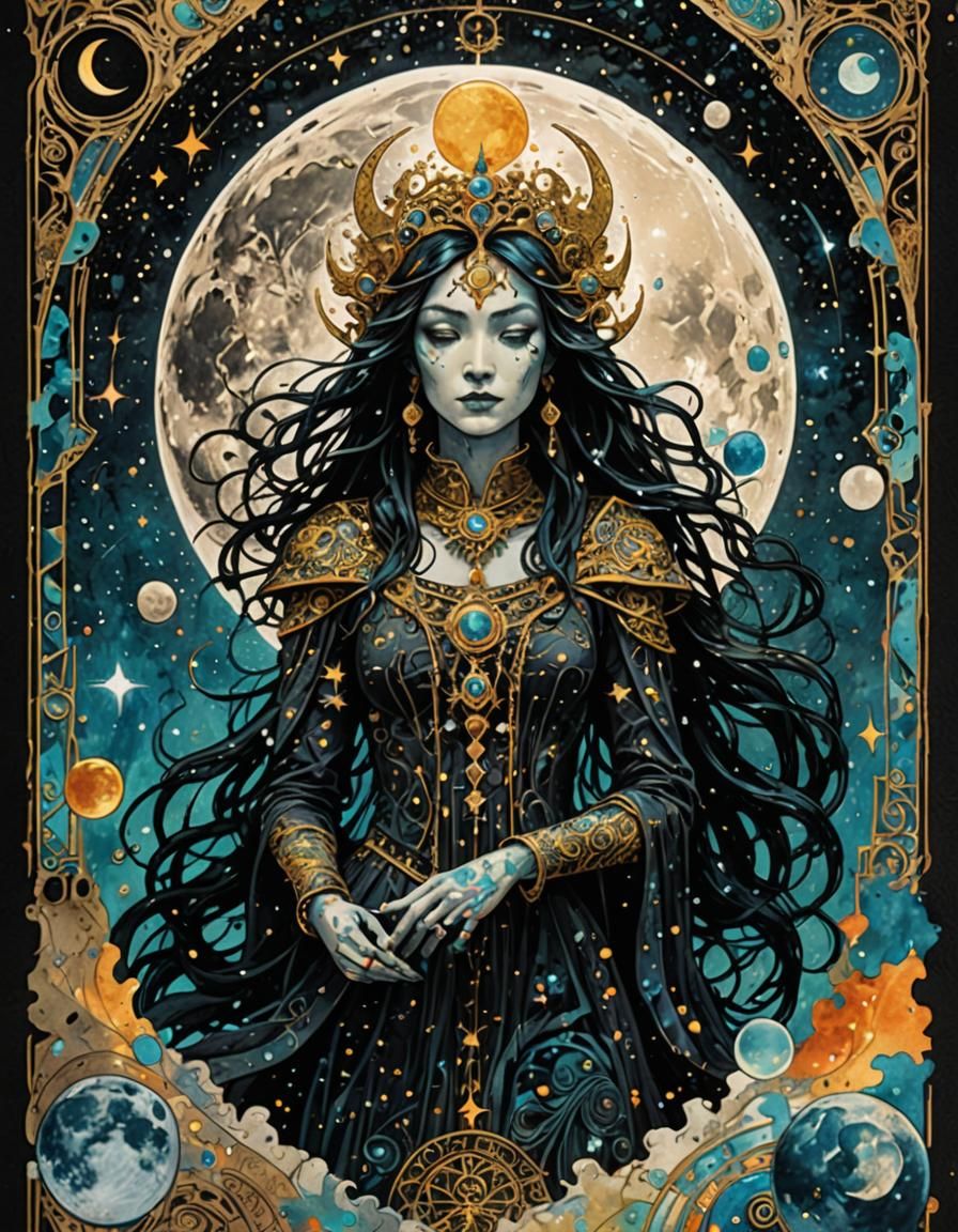 Psychedelic Moon Goddess Tarot Card in Impasto Style