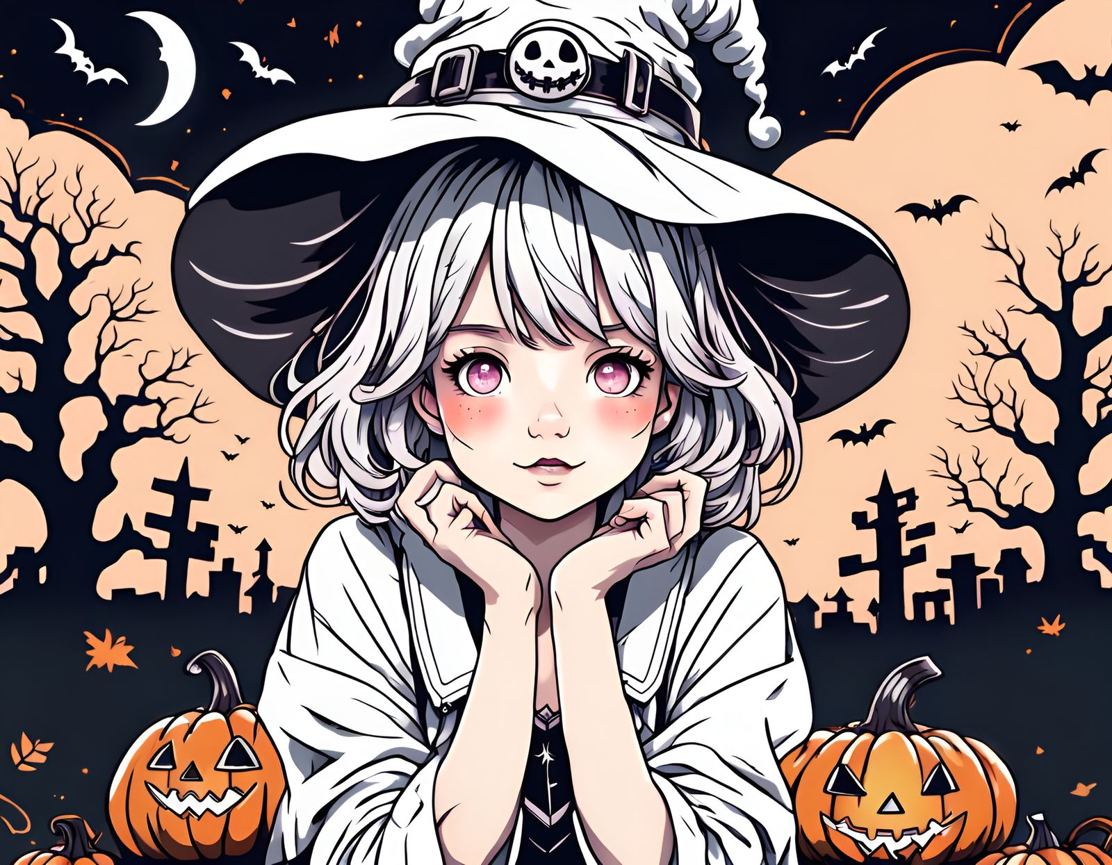 Kawaii Magical Girl Halloween Ink Drawing in Anime Style