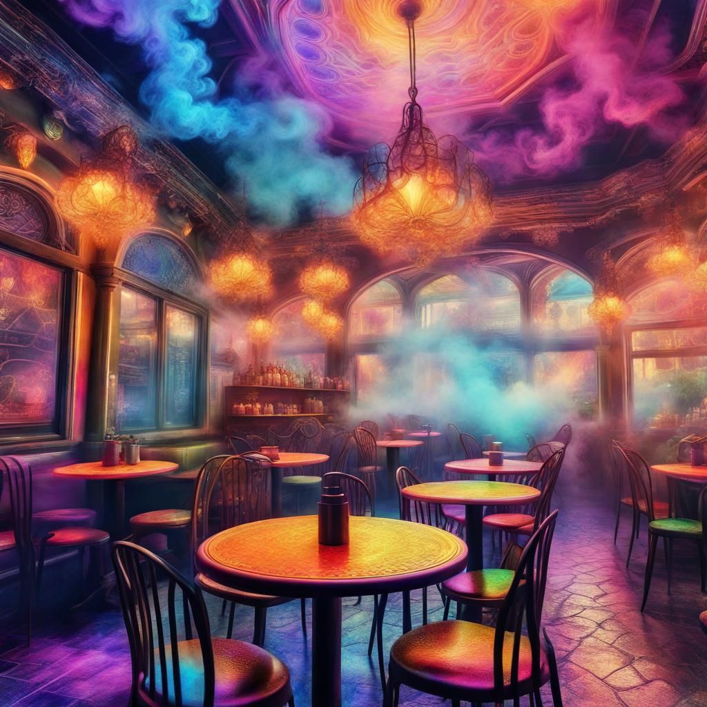 Vibrant Cafe with Kaleidoscopic Vapor Smoke