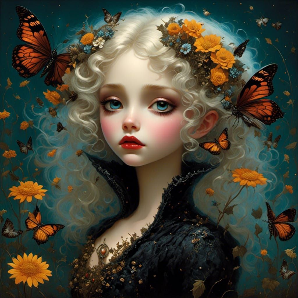 Dark Fairy with Dandelion in Whimsical Style