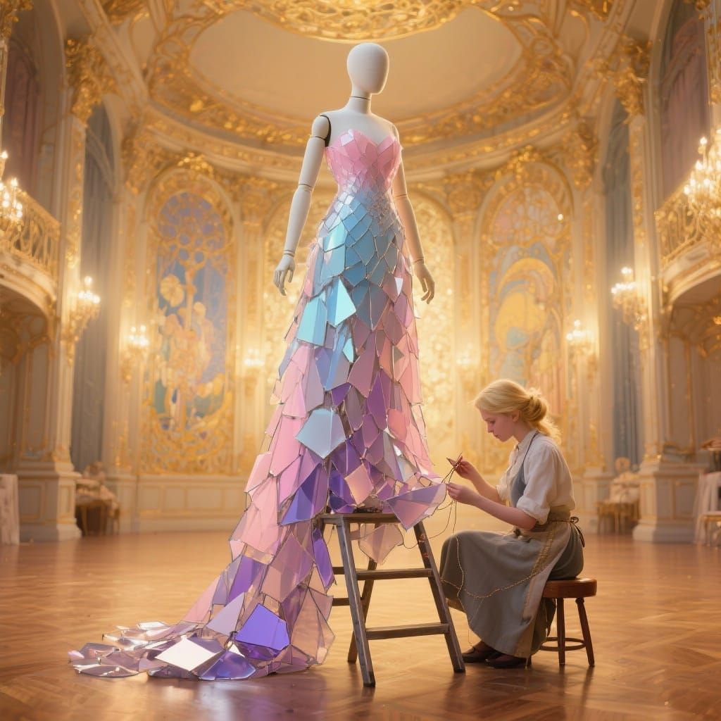 Mannequin in Shimmering Glass Gown on Ladder