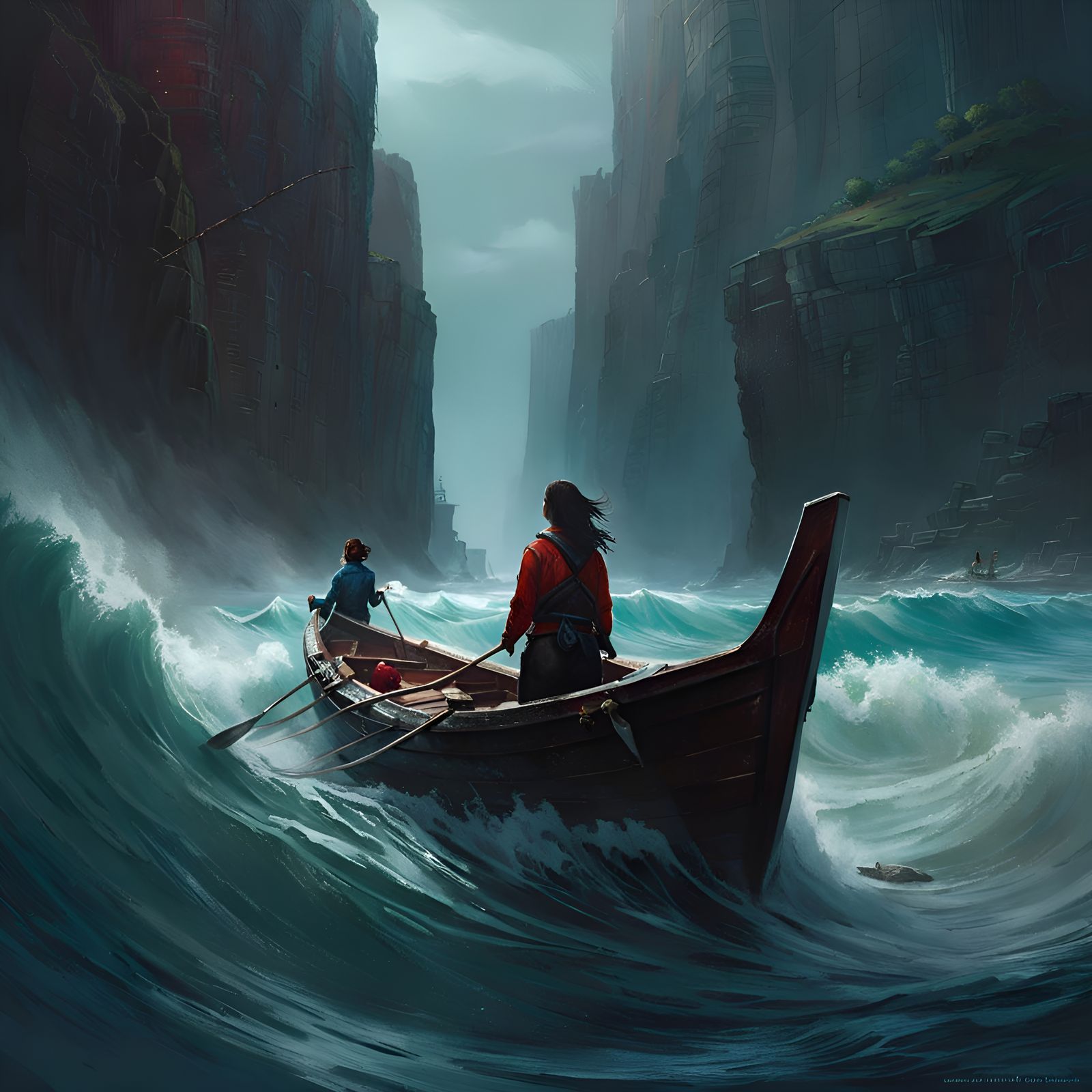 Woman in Boat on Stormy Sea Near Cliffs