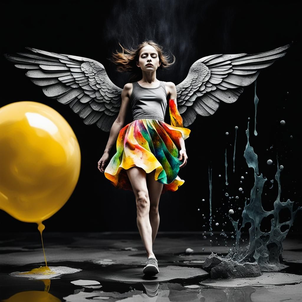 Despairing Woman Screams Color into Grey Concrete