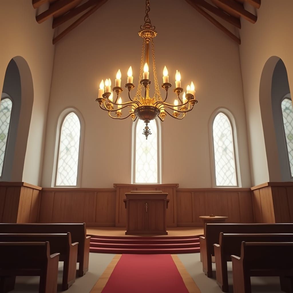 Ornate Brass Chandelier in Simple Church Interior