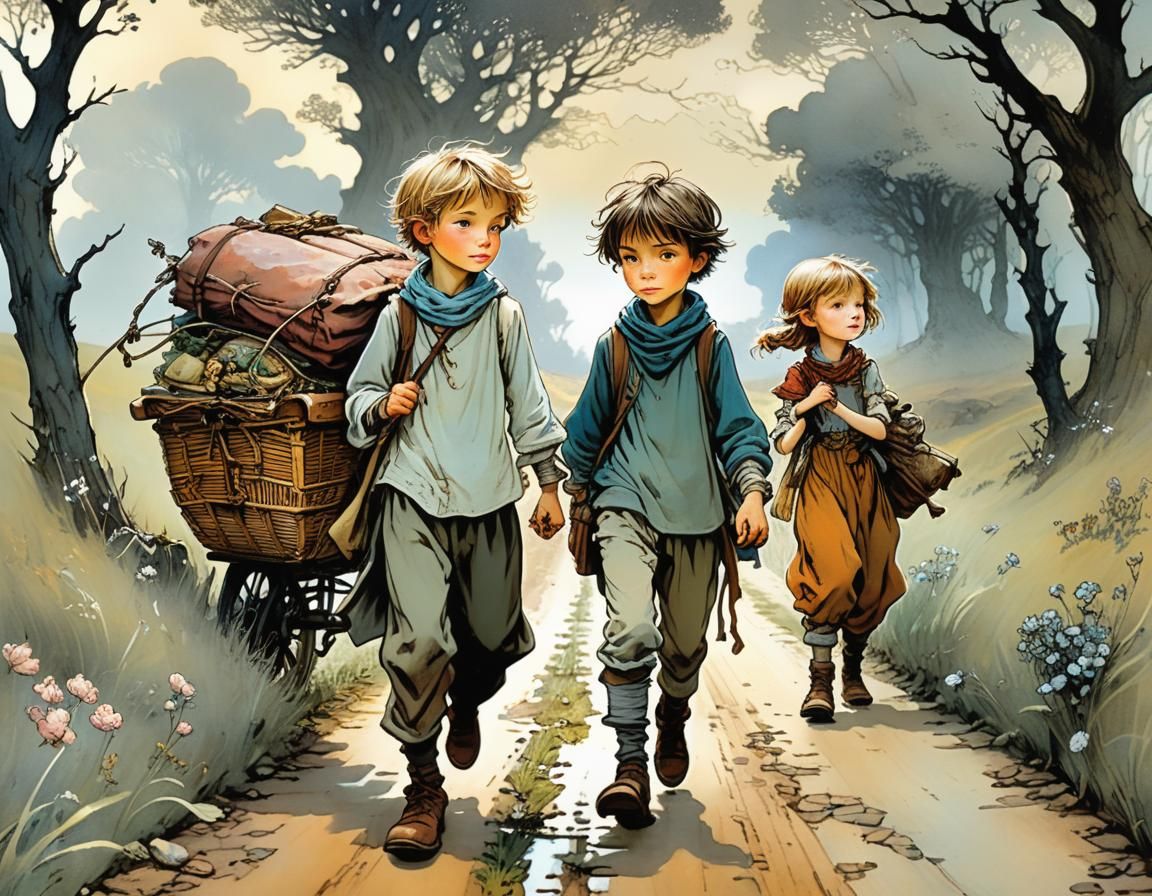 Detailed Illustration of Siblings on Country Road