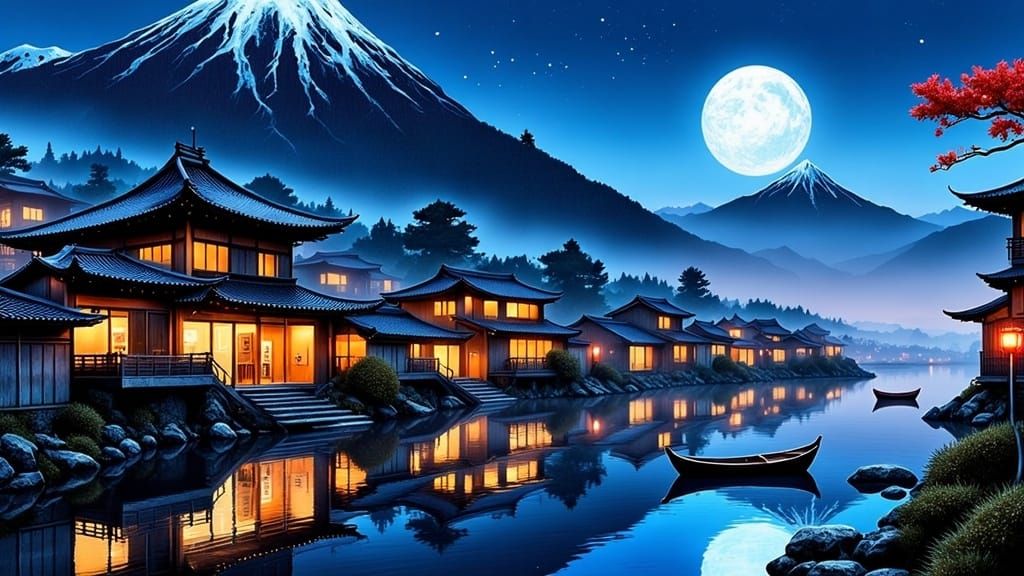 Serene Modern Korean Village at Night in Dreamy Digital Pain...