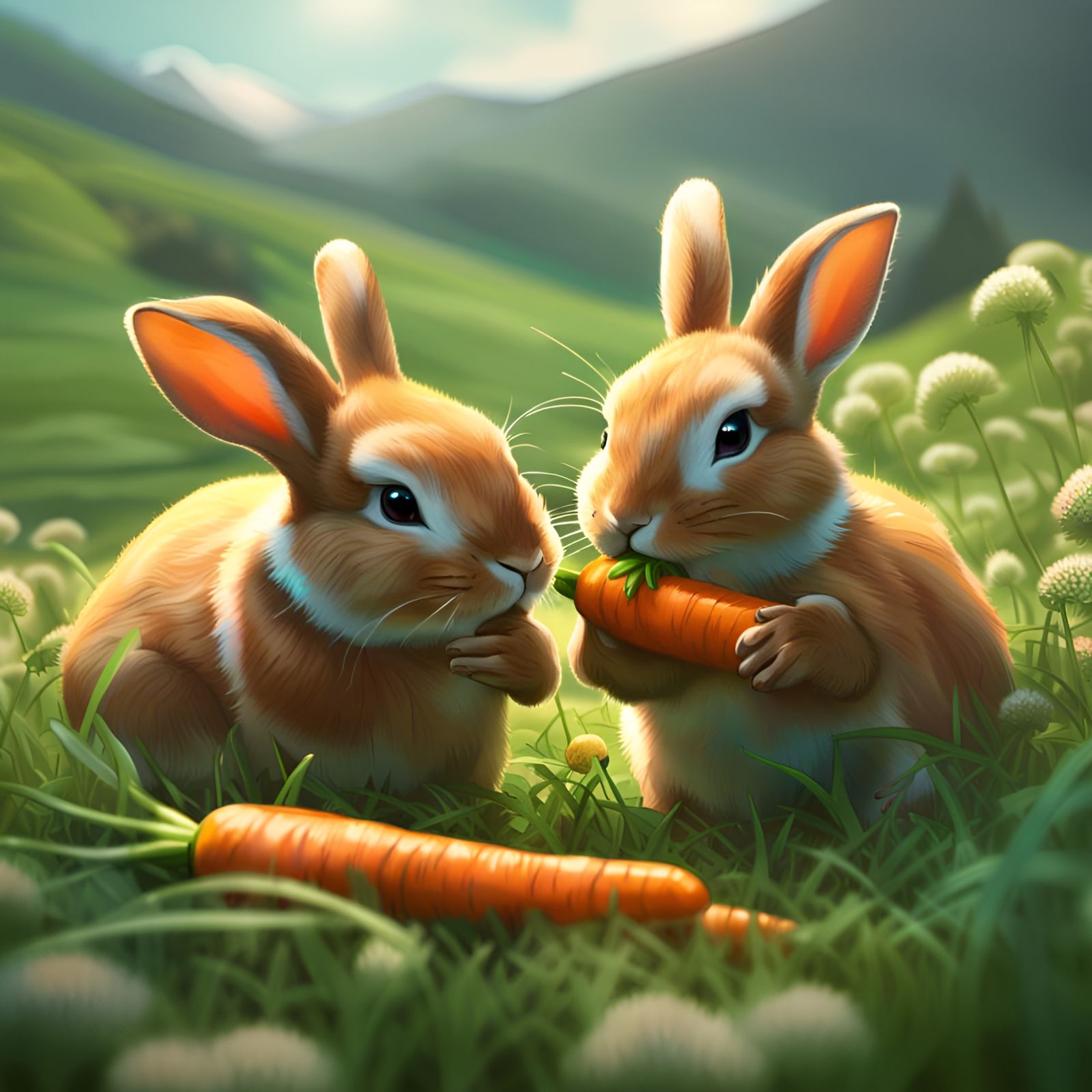 Bunnies Munching Carrots in Clover Field, Detailed Art