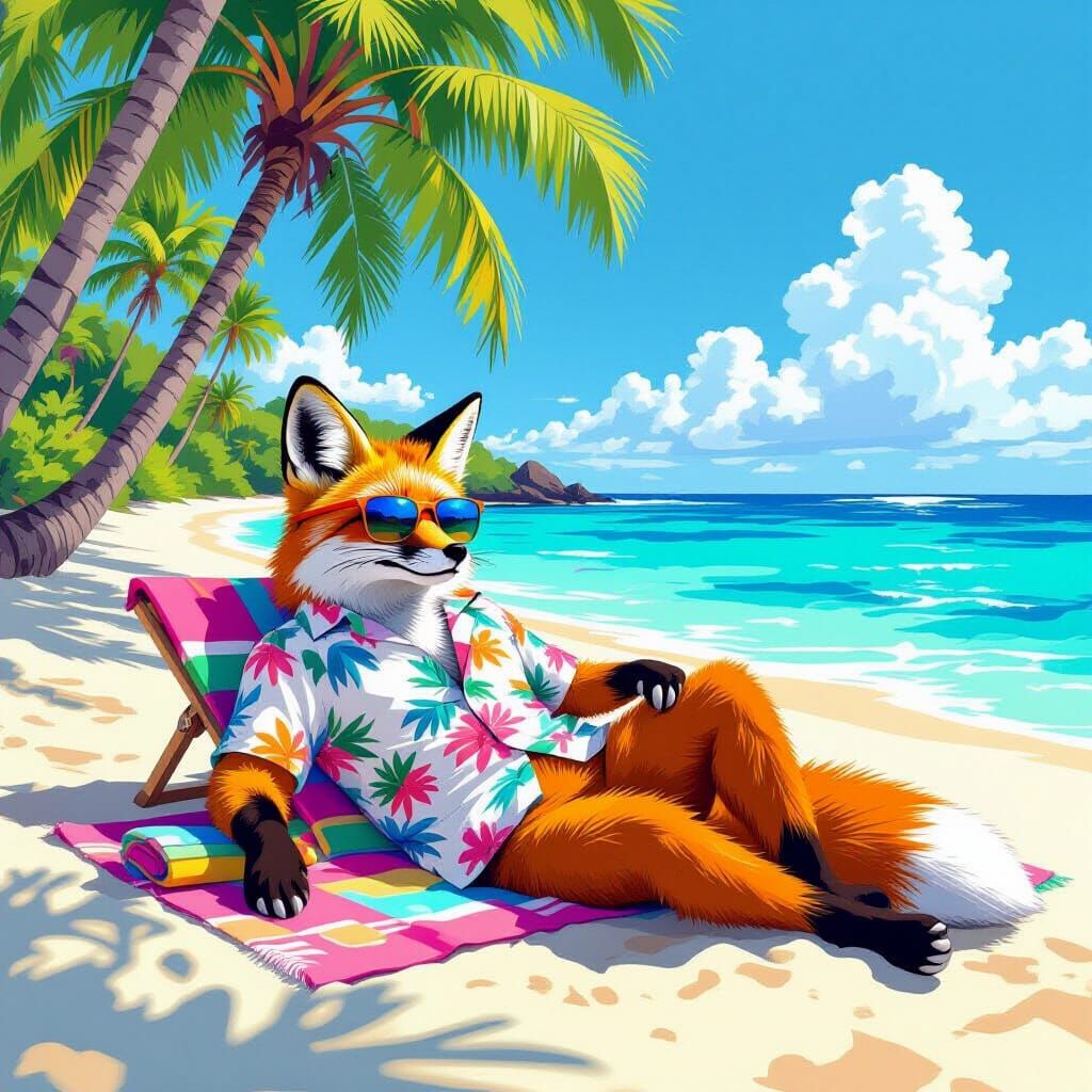 Fox Lounging on Beach in Retro Sci-Fi Style