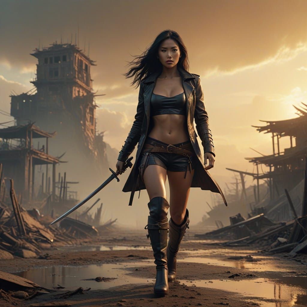 Epic Asian Warrior Strides into Post-Apocalyptic Sunset