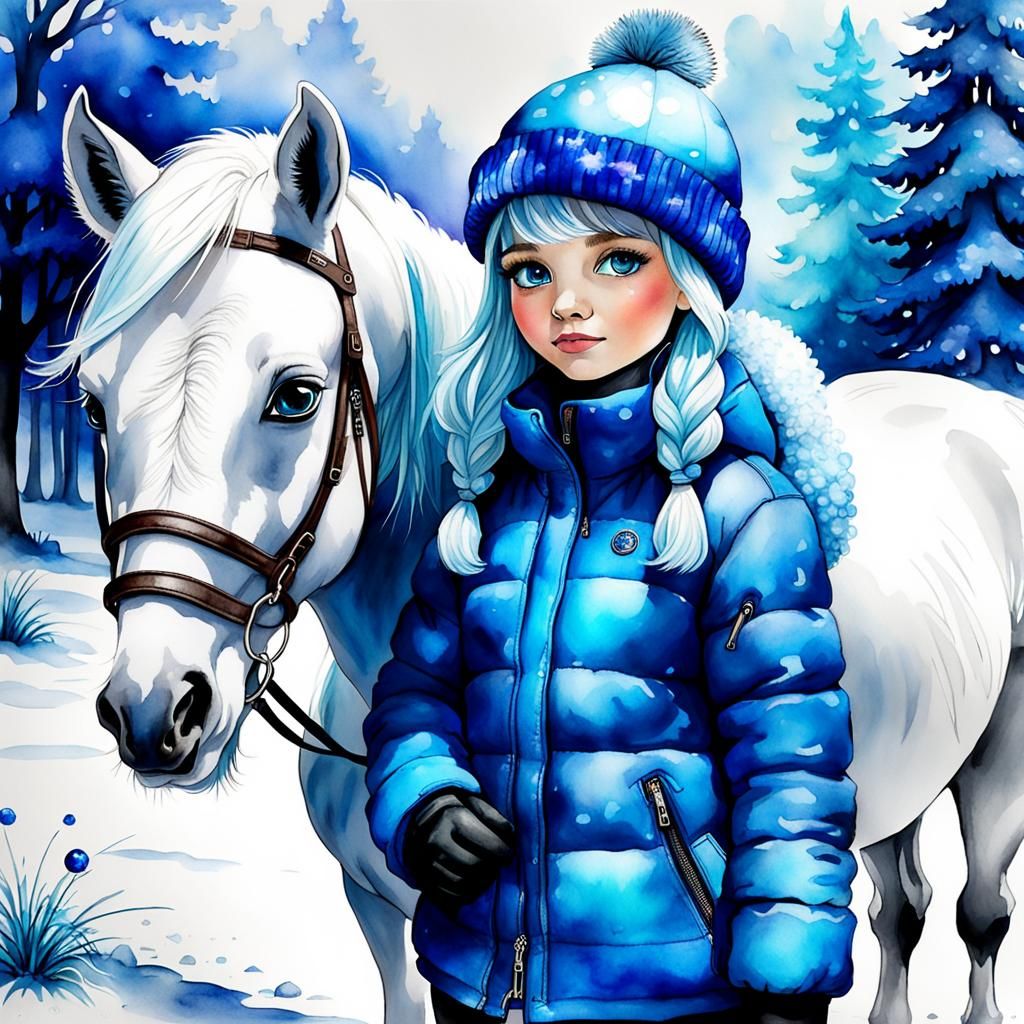 Girl with Pony in Airbrushed Watercolor Style