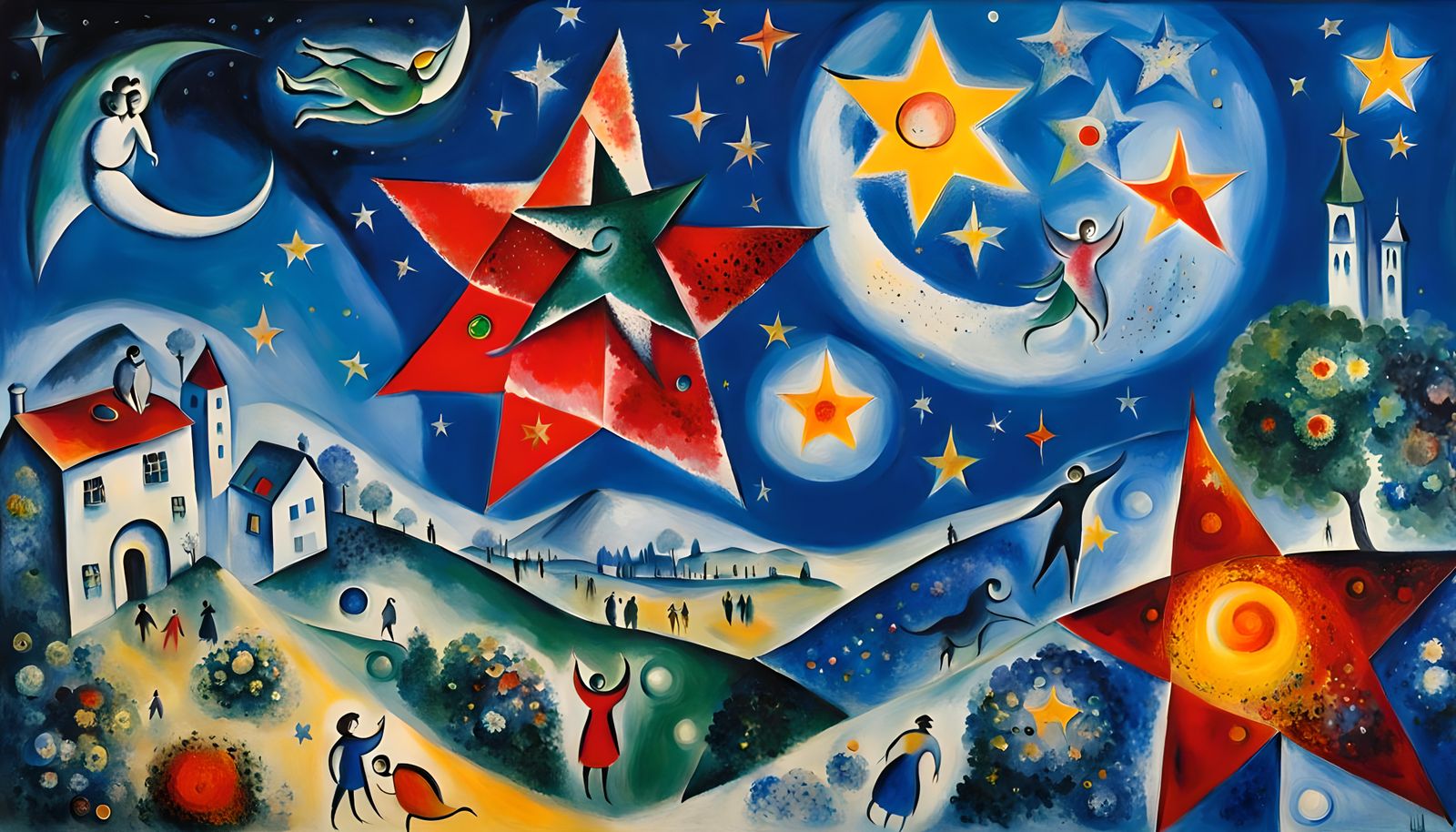 Double Star System in Marc Chagall Oil Painting Style