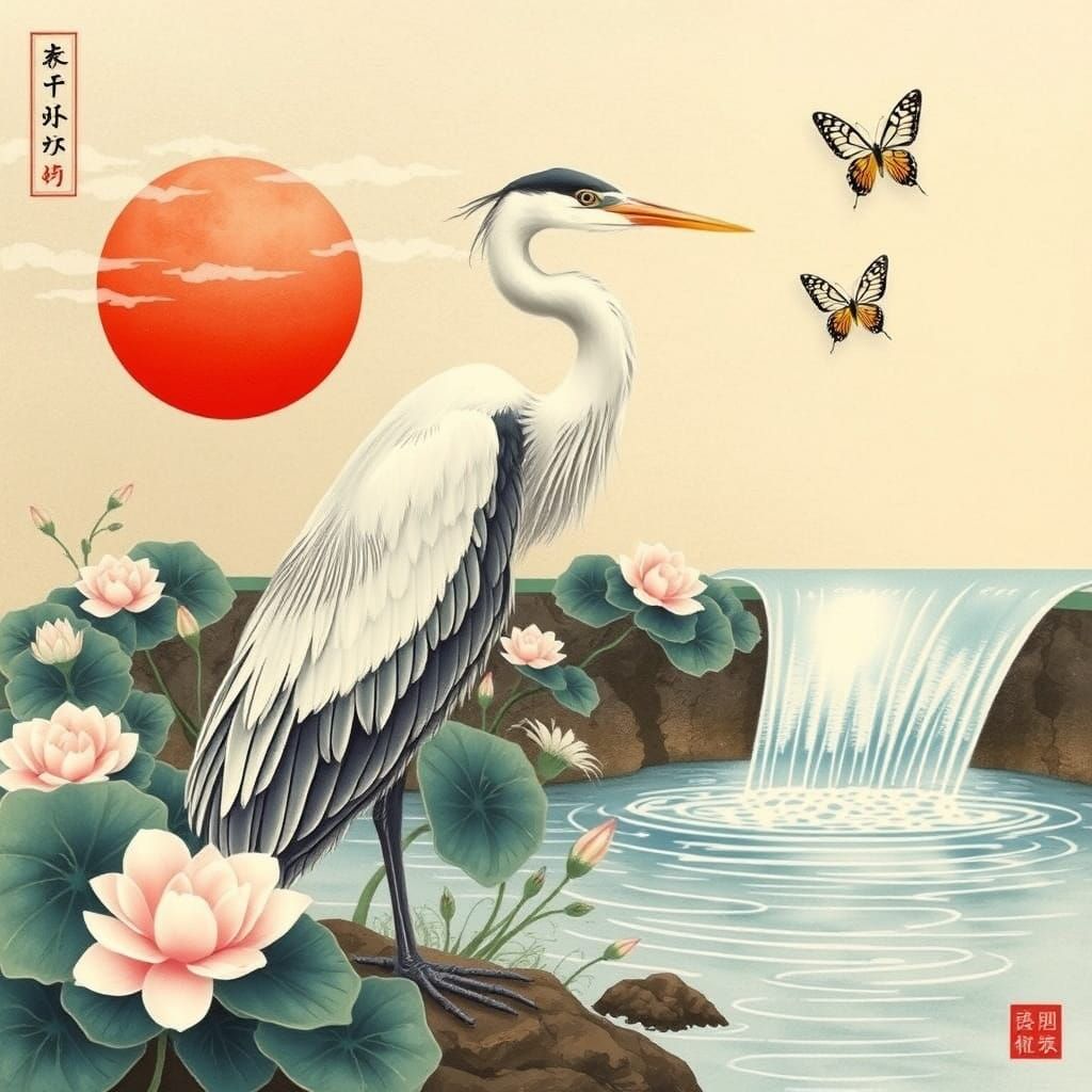 East Asian Fantasy: Majestic Heron Amidst Blossoming Garden