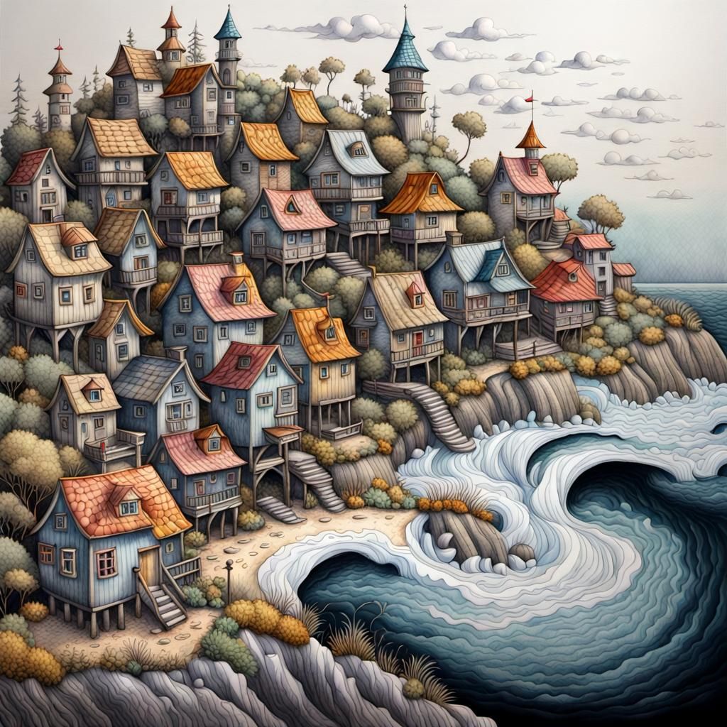 Surreal 3D Village Optical Illusion in Watercolor