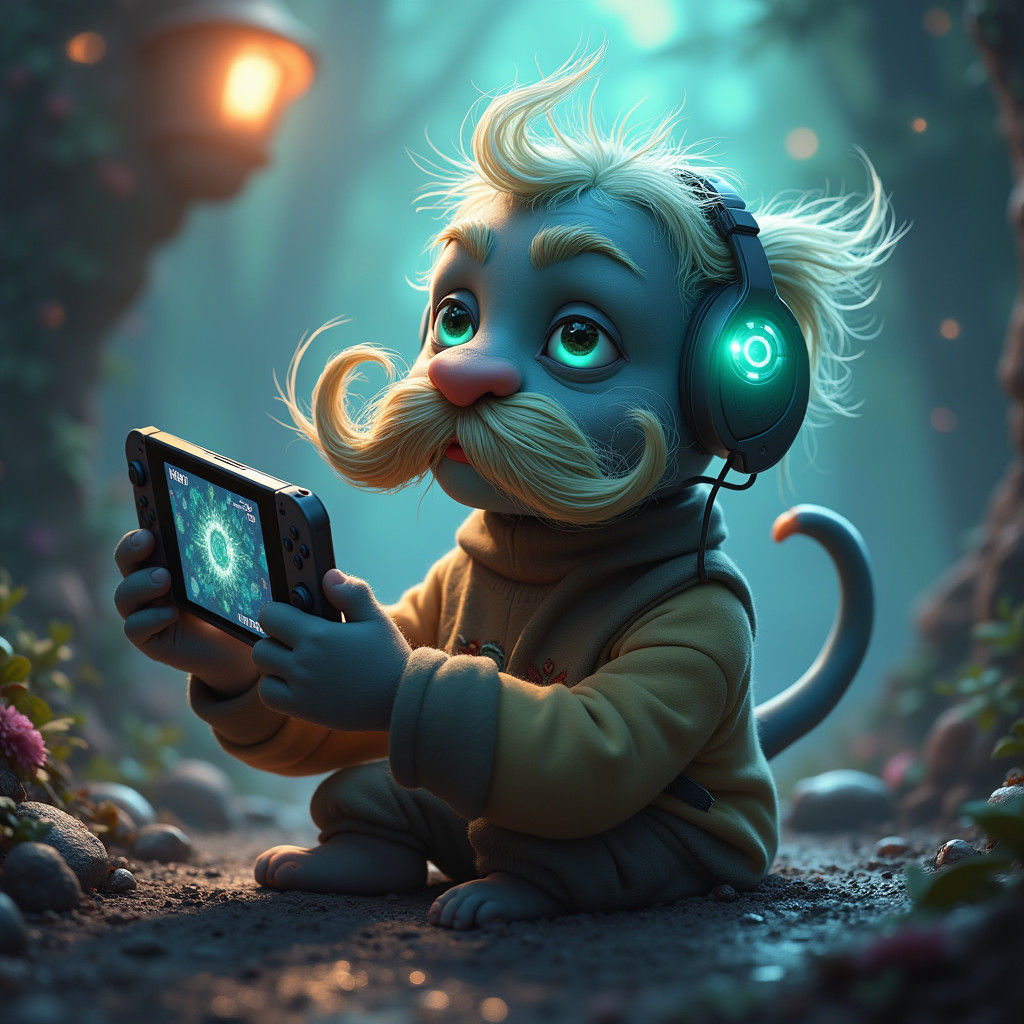 Anthropomorphic Mustache Gamer in Dreamlike Sci-Fi Art