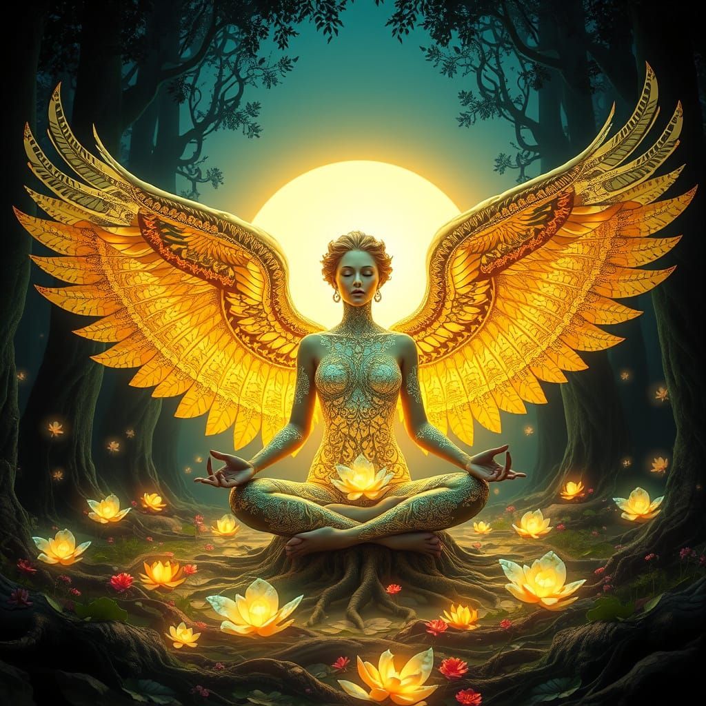 Mystical Goddess of Resilience with Swan Wings and Blooming ...