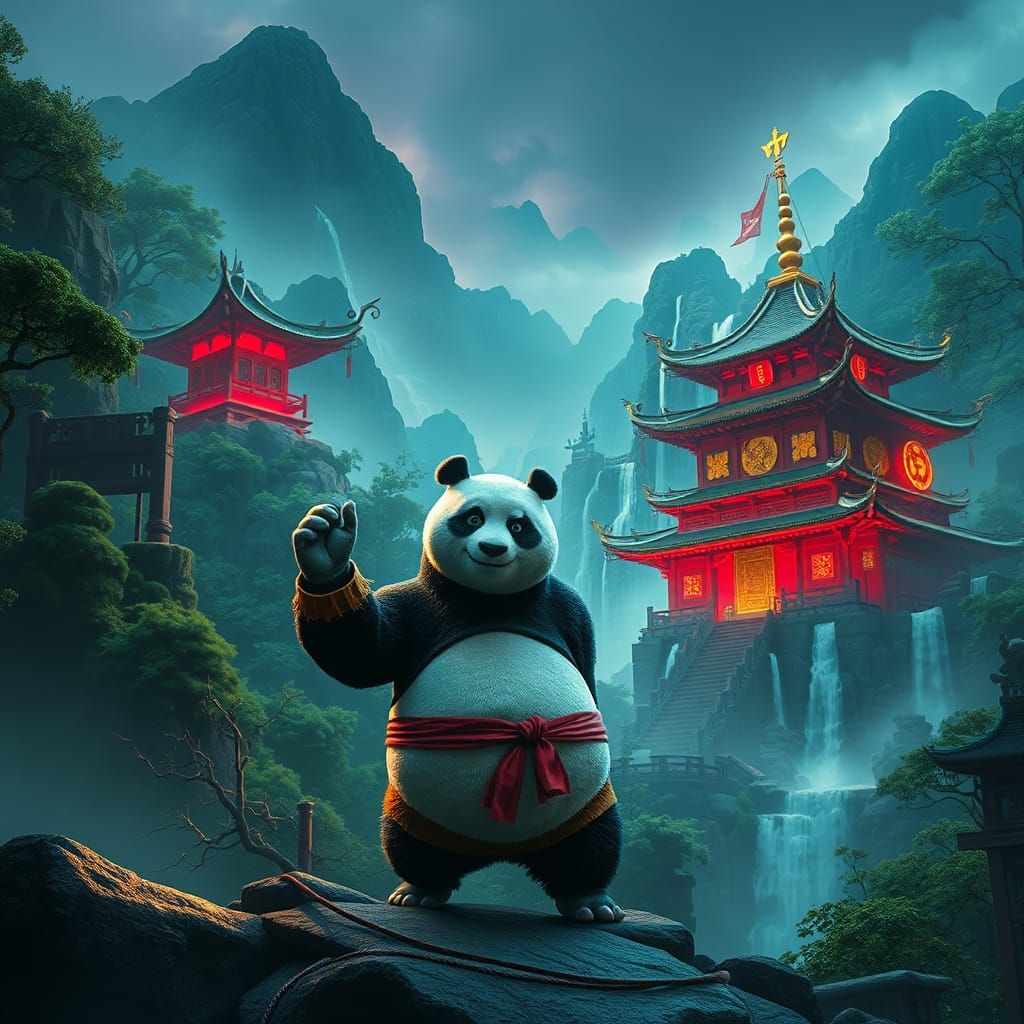Kung Fu Panda in Cyberpunk Sichuan Mountains