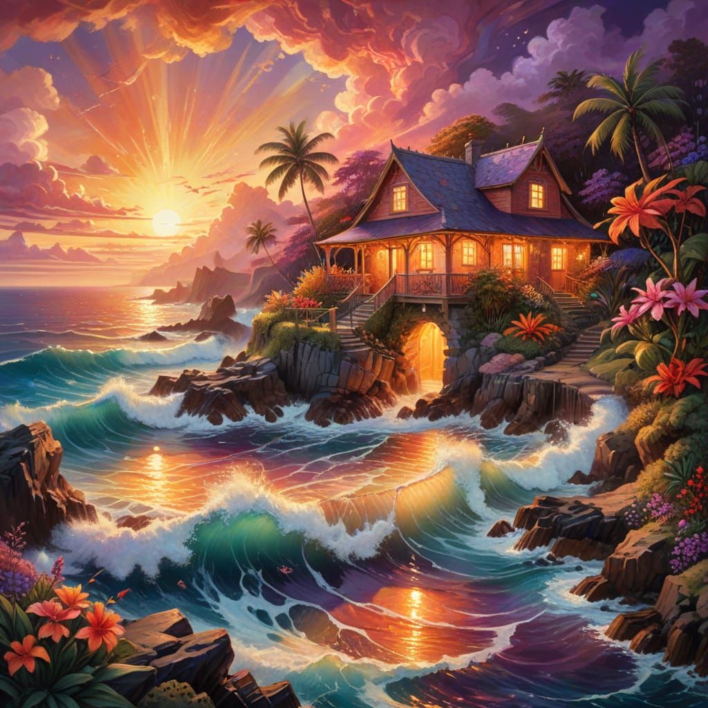 Hawaiian Cottage at Mystical Sunset Over Ocean
