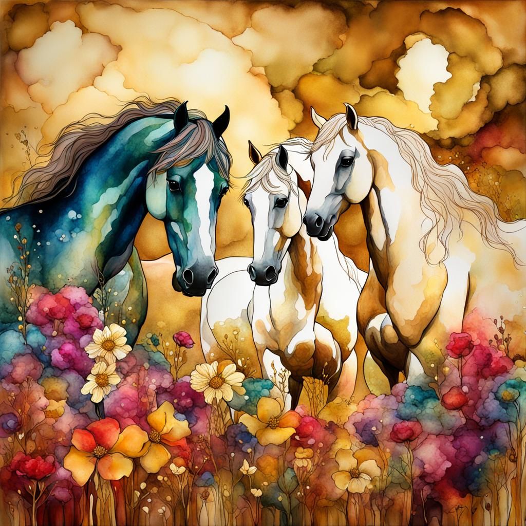 Alcohol Ink Horses in Golden Meadow