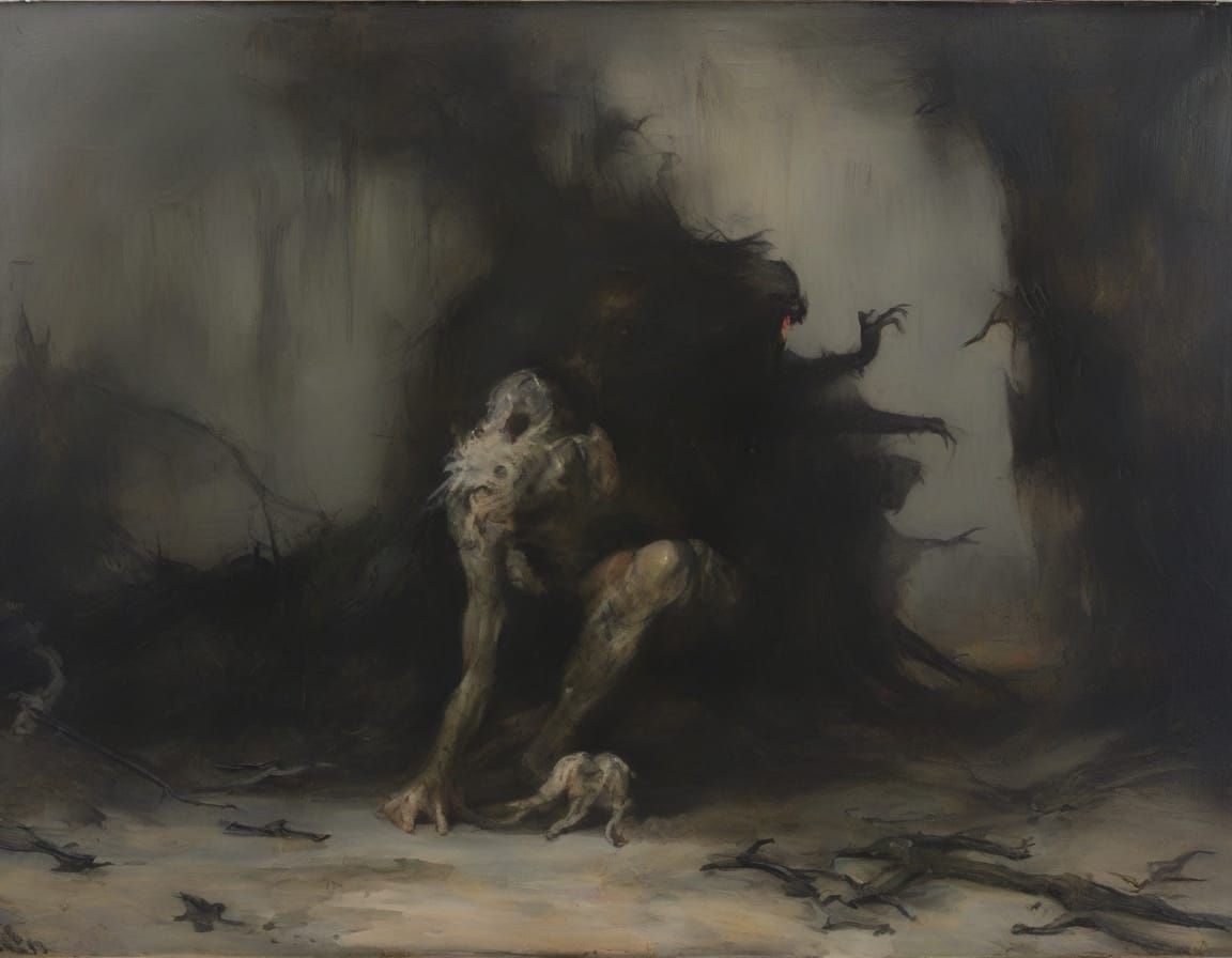 Grotesque Figure Consuming Child in Dark Expressionism