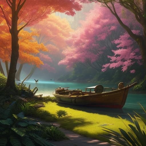 Hyperrealistic City: Tree Boat and Man in Sunny Forest