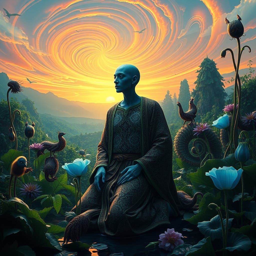 Surreal Figure Kneels in Vibrant Fantasy Plant Kingdom with ...