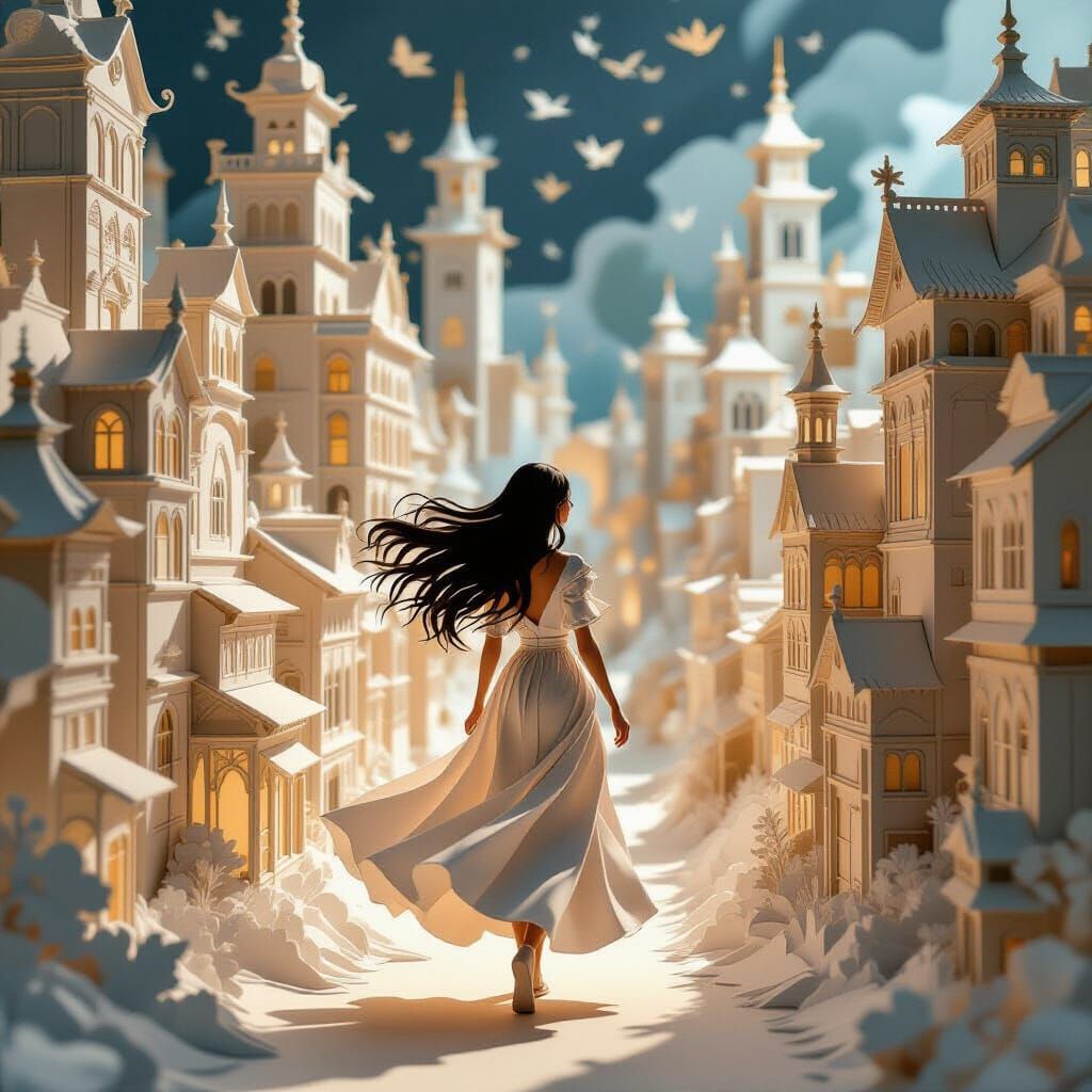 Woman Explores Papercraft City in Whimsical Illustration