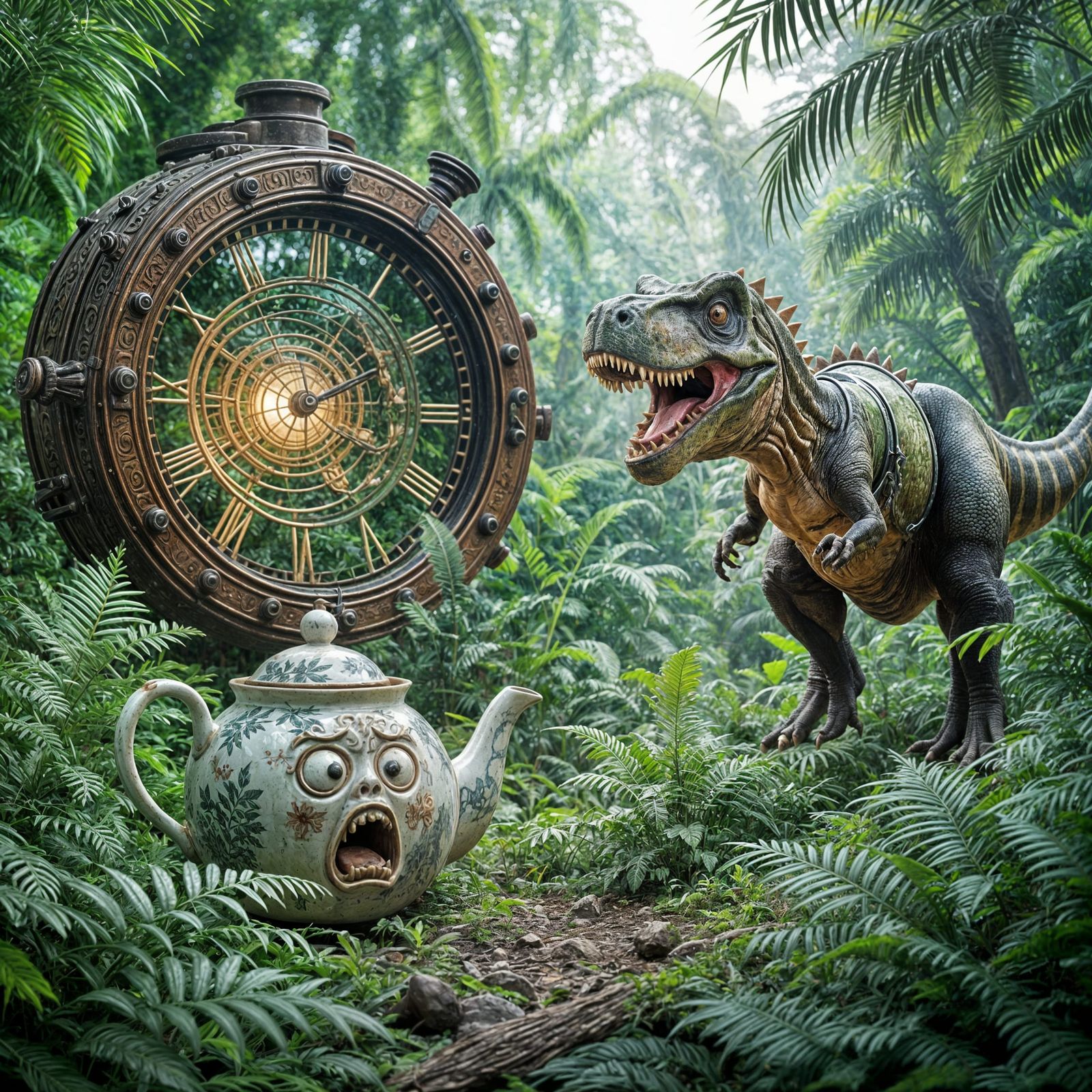 Terrified Teapot Hides from T-Rex Amidst Prehistoric Plants