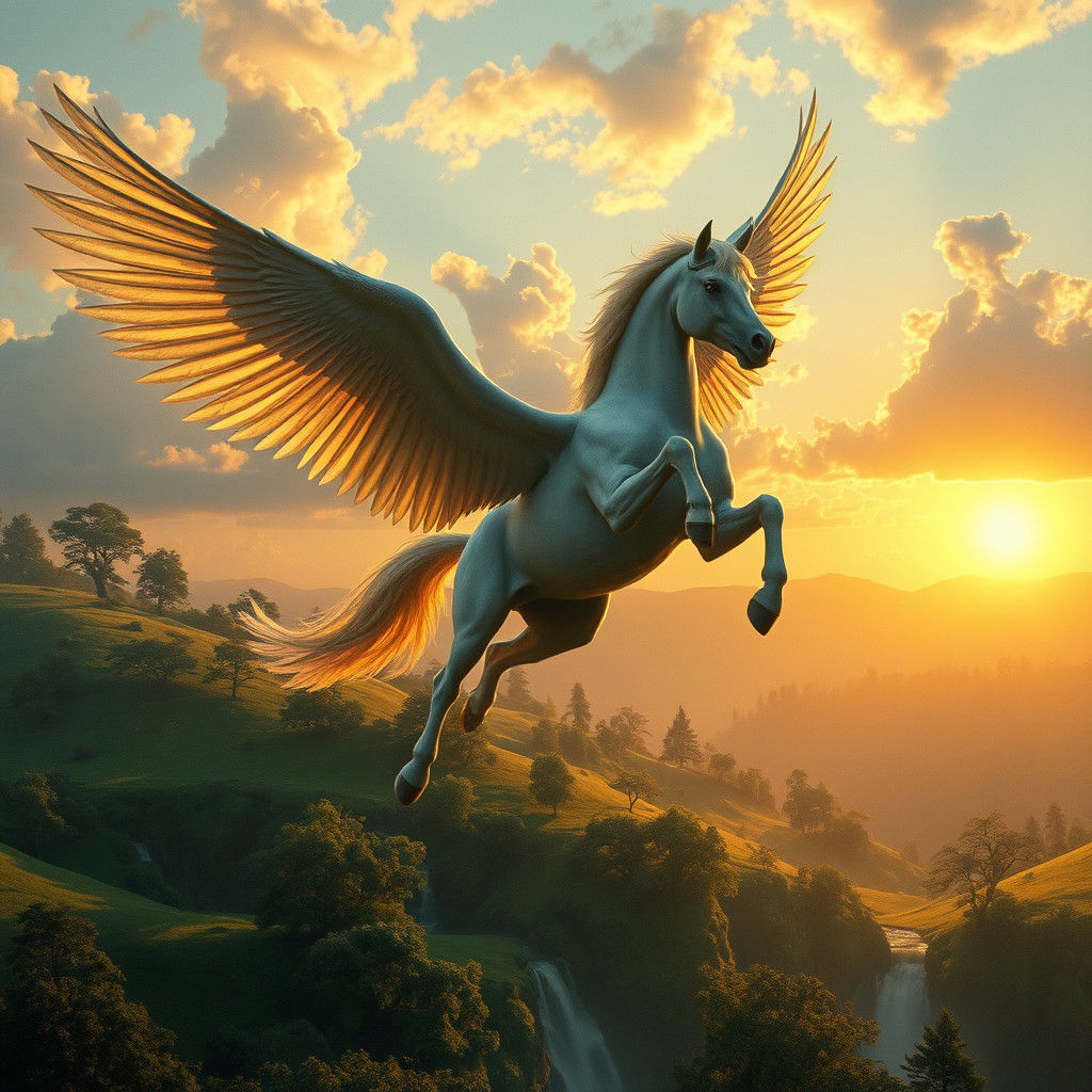 Pegasus Soaring Through Arcadia at Sunset