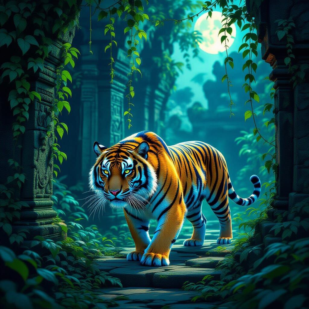 Bioluminescent Tiger in Ancient Jungle Temple