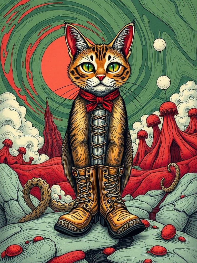 Cat in Ornate Boots in Surreal Dreamscape