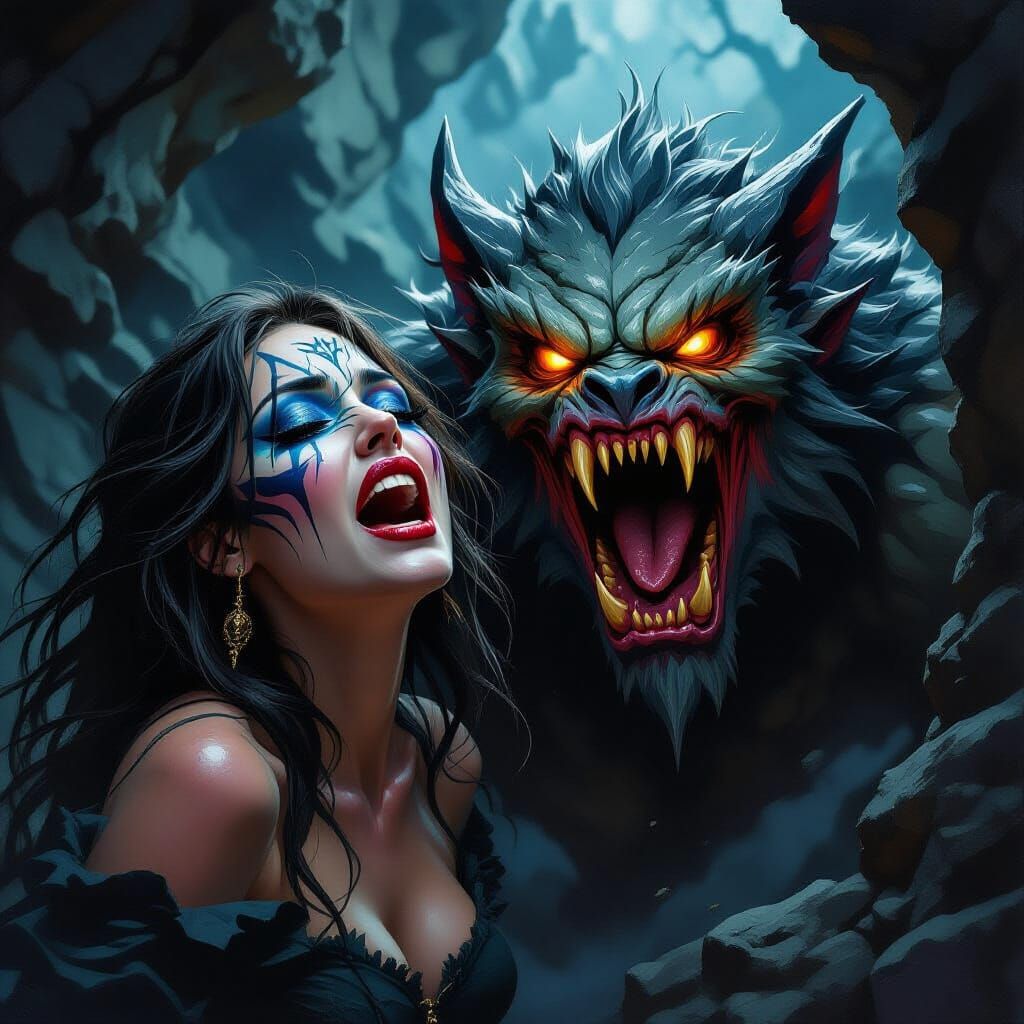 Dark Fantasy Oil Painting: Screaming Woman and Monstrous Bea...