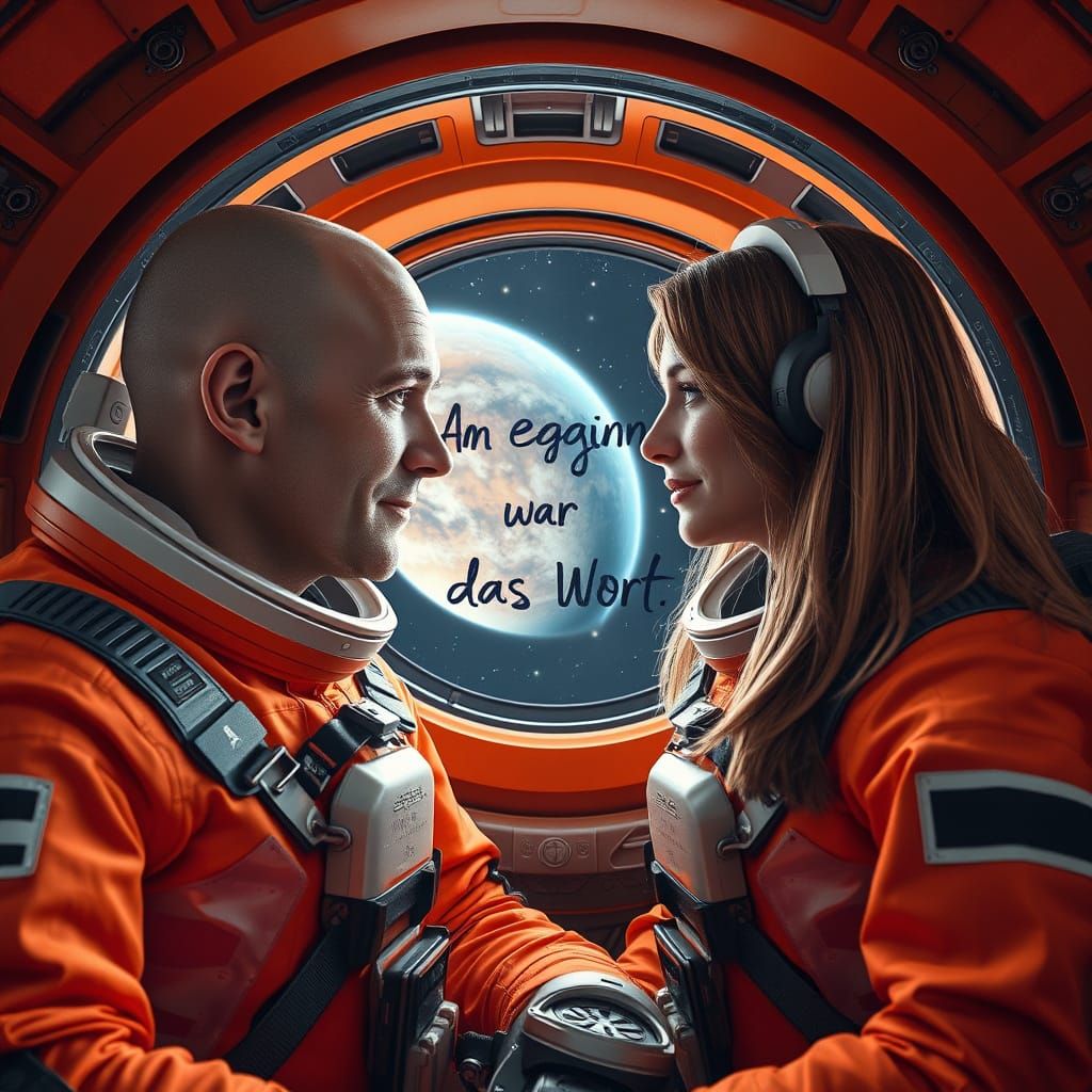 Astronauts in Futuristic Orange Space Suits Discussing the M...