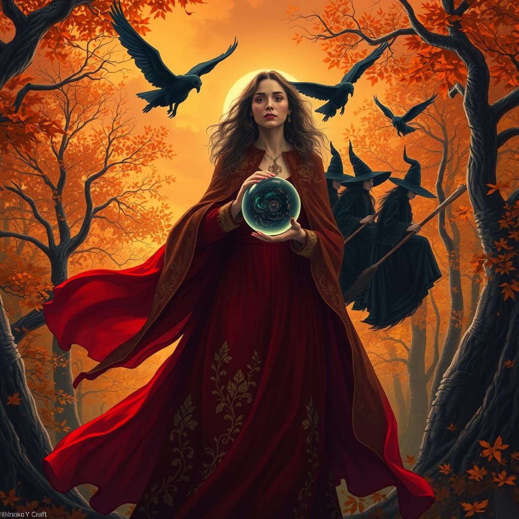 Mysterious Woman with Crystal Orb in Autumn Forest